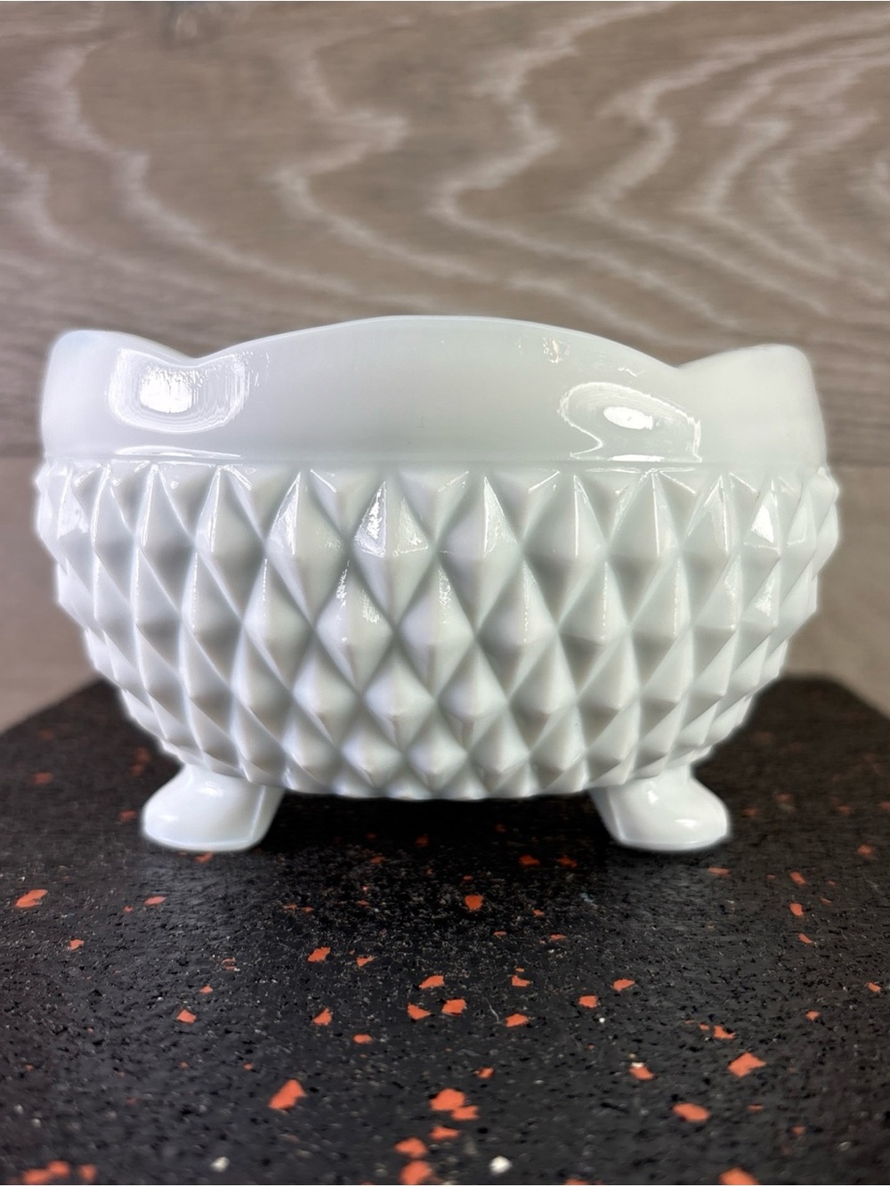 Indiana Glass Co. Vintage Milk Glass Footed Candy Nut Bowl Diamond Design 3”x5”